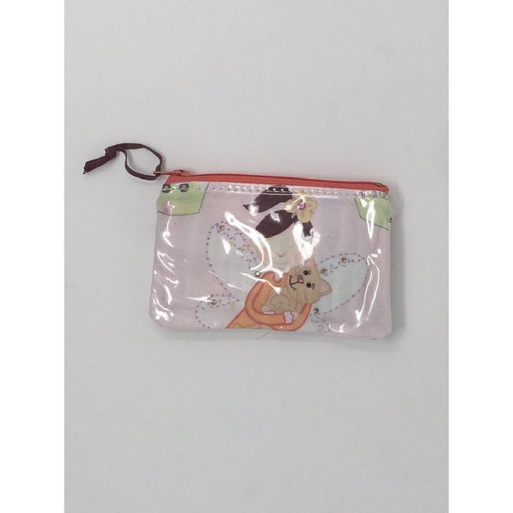 M. Andonia Girls Pink Coin Purse Fabric and Vinyl with Fairy and Cat Print NEW